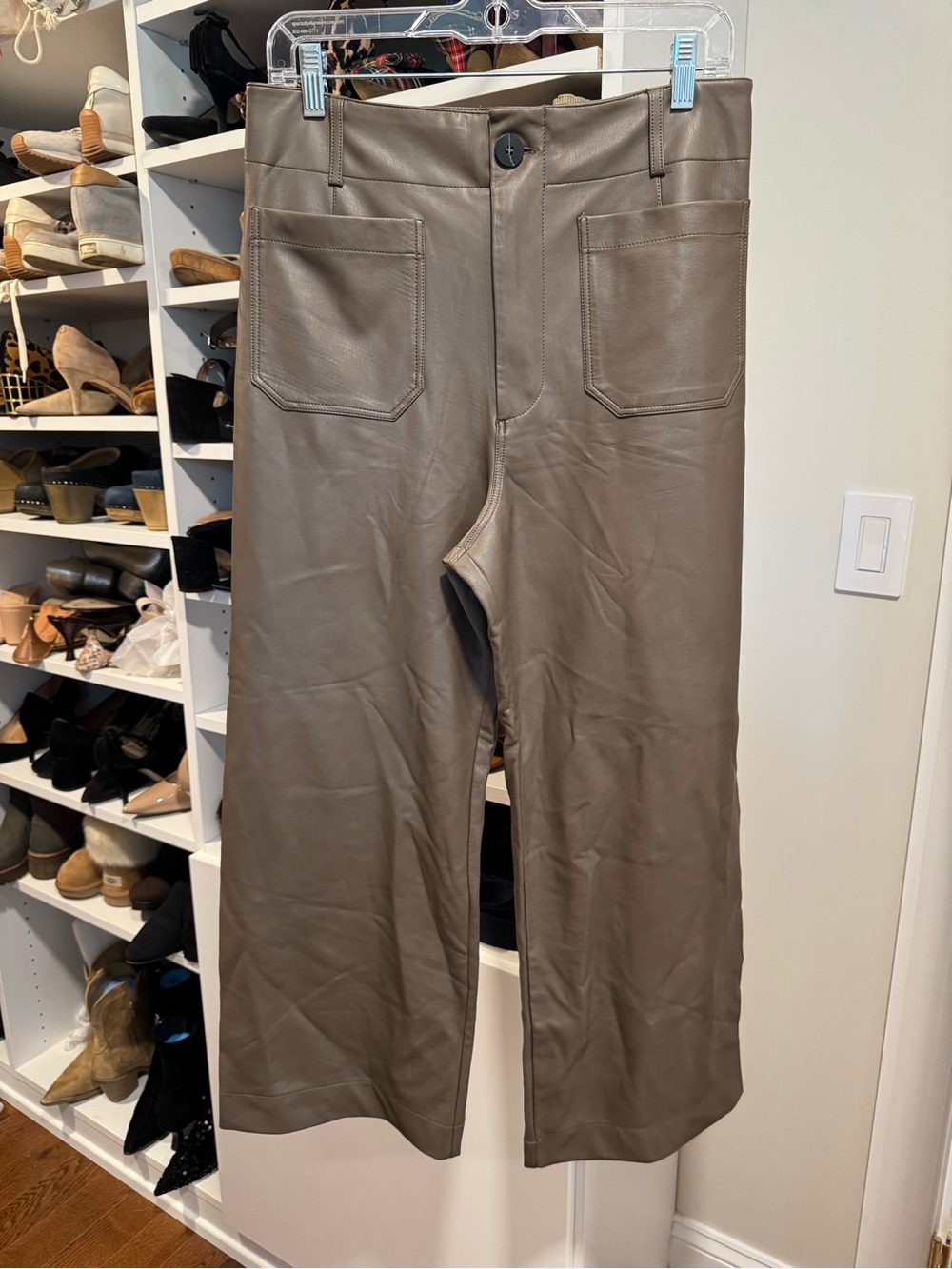 Anthropologie Maeve Colette Vegan Leather Cropped Wide-Leg Trousers in Moss
